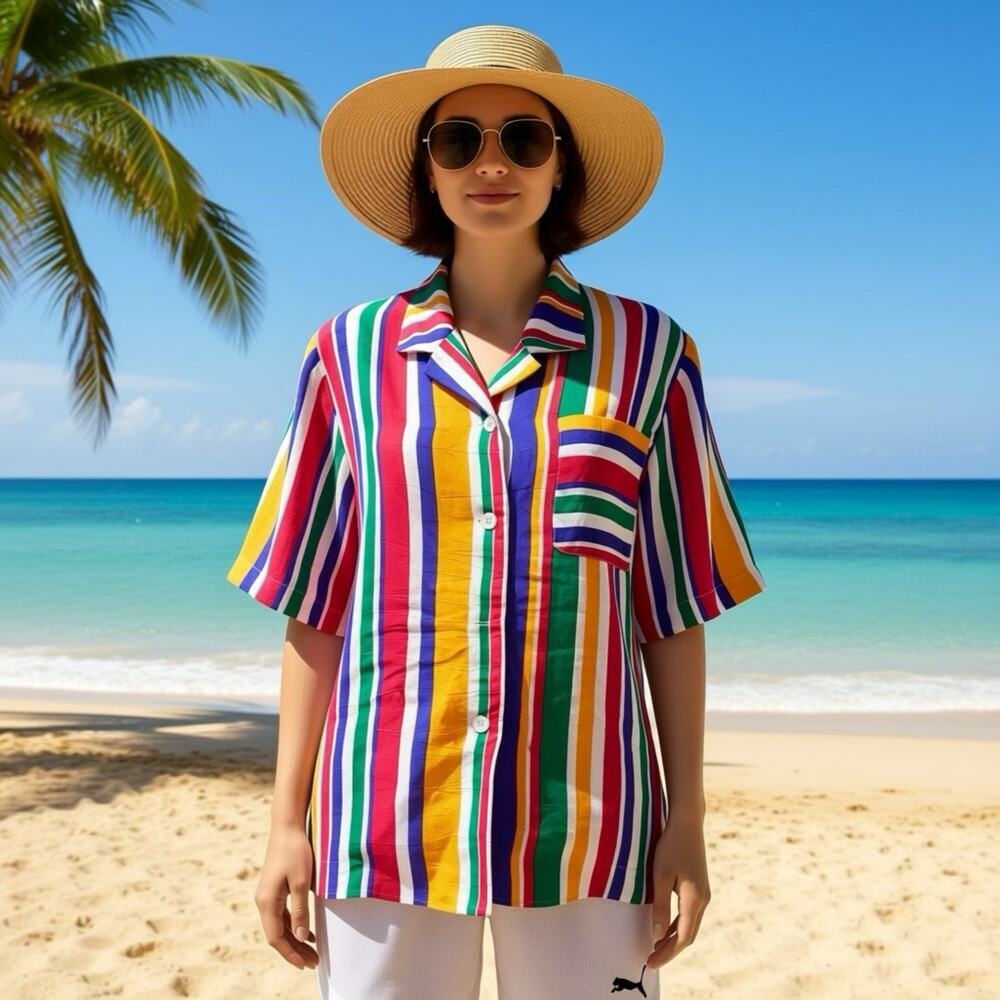 Vintage 80s Intuitions Top Women 8/M Colorful Rainbow Retro Dopamine Button Up